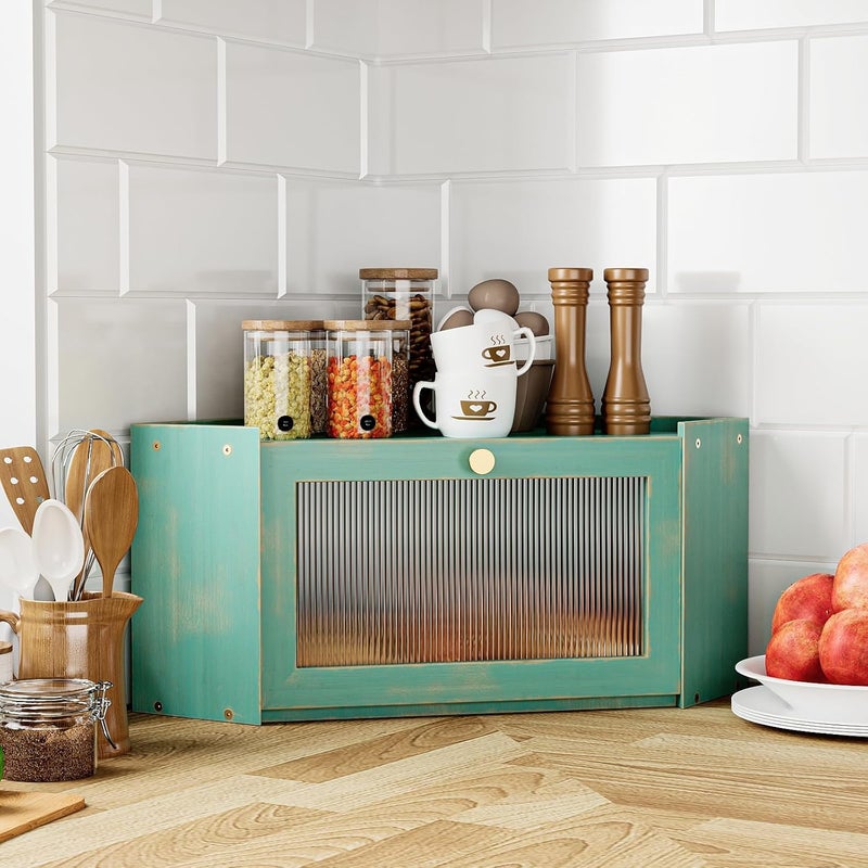 Trironsun Corner Bamboo Bread Box for Kitchen Counter Large Capacity Rustic Bread Storage Container with Wavy Arcylic Transparent Door Vintage Storage for Homemade Bread (Antique Blue) - Image 2
